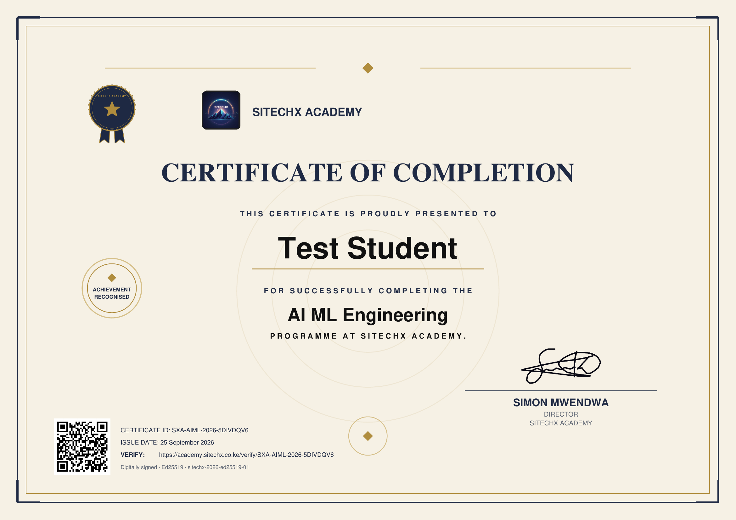 SitechX Academy TEST Certificate of Completion awarded to Test Student for AI ML Engineering, with certificate ID, verification QR code and director signature